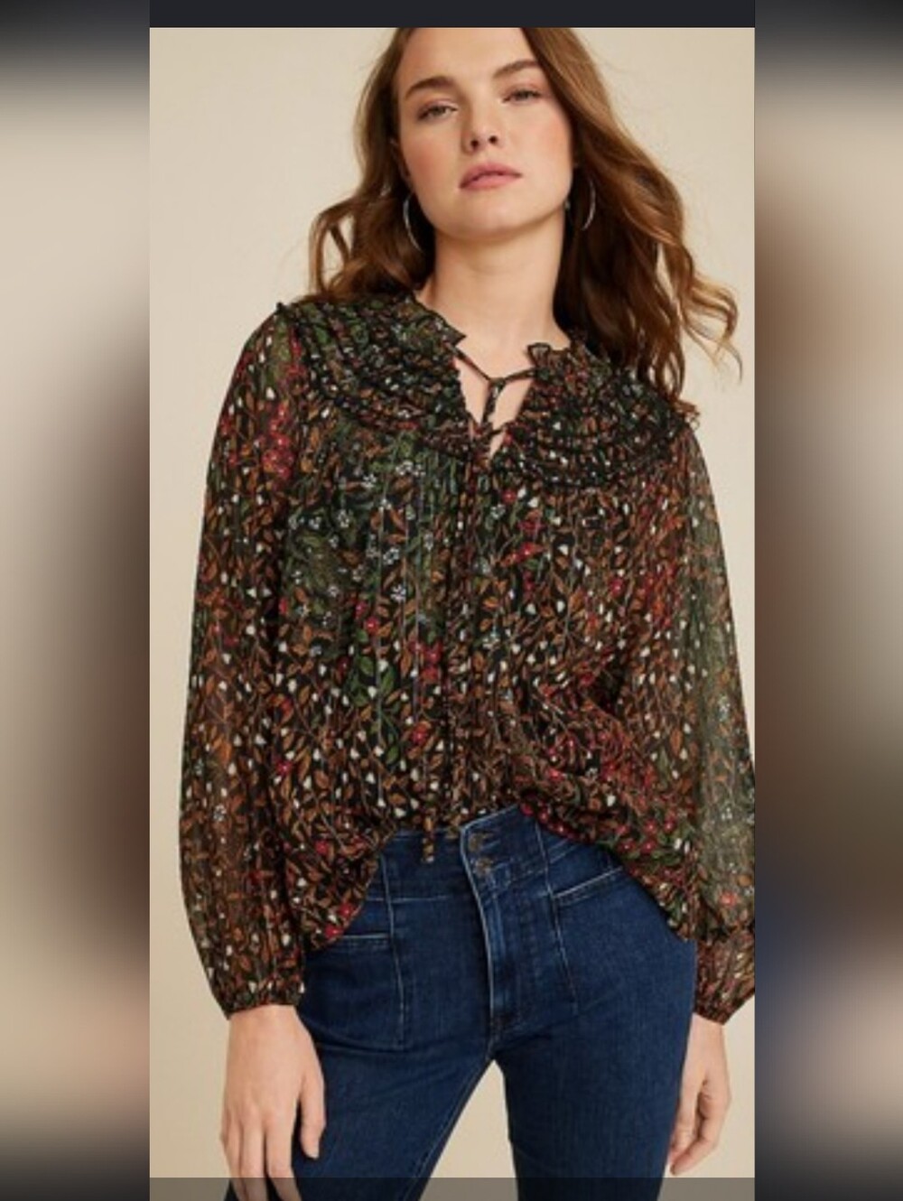 Maurices Sheer Ruffle Tie-Neck Floral Blouse in Forest Multi